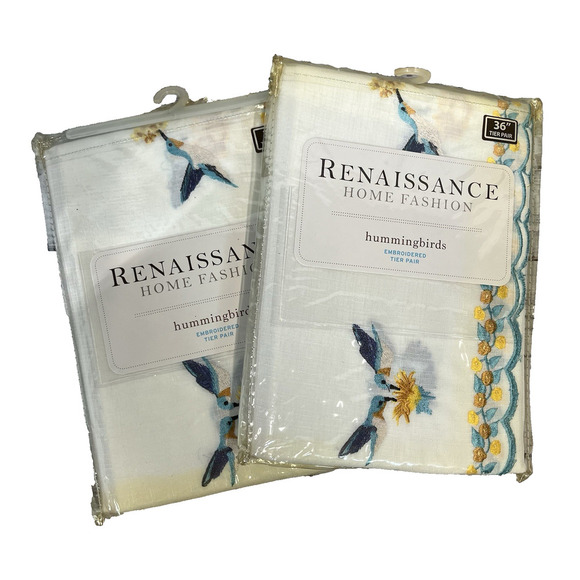 Set of 2 Renaissance Home Fashion Hummingbirds Embroidered Tiered Pair Curtains - Picture 2 of 9